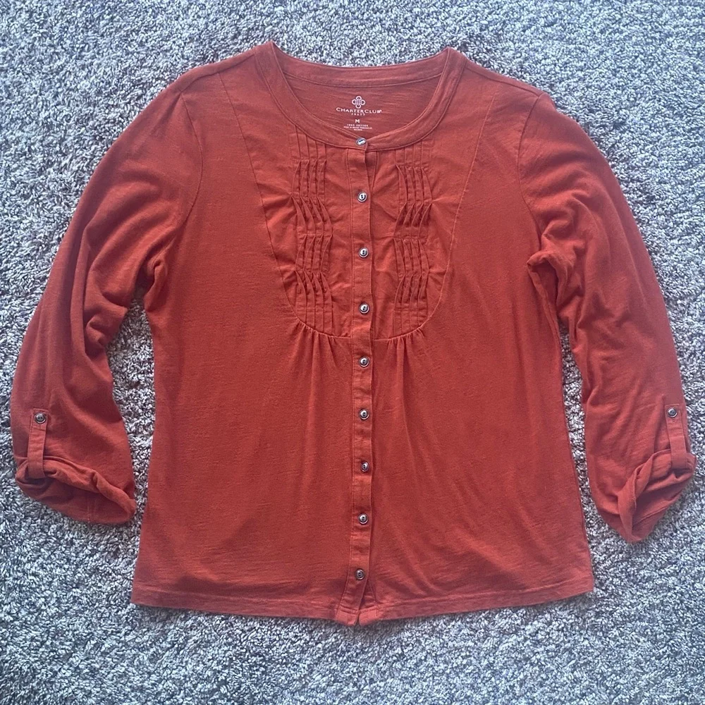 Charter Club Orange Button-Up Cotton Blouse Size M🎁 - Picture 2 of 2